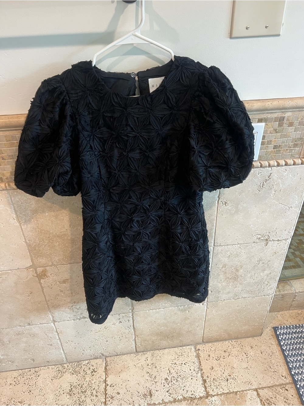 MARBLE Black Rosette Puff-Sleeve Girls Formal Dress